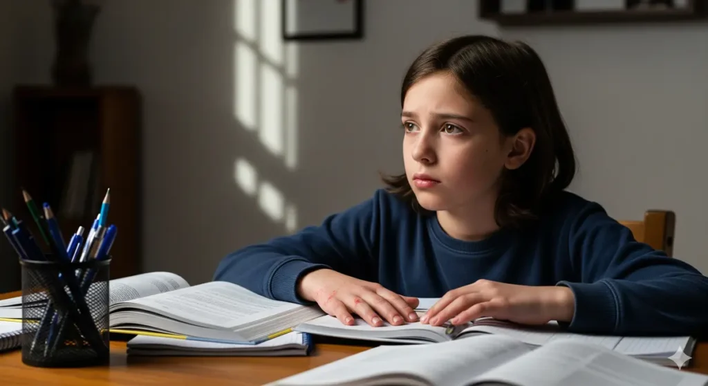 OCD in children showing anxious student with organized desk and handwashing habits
